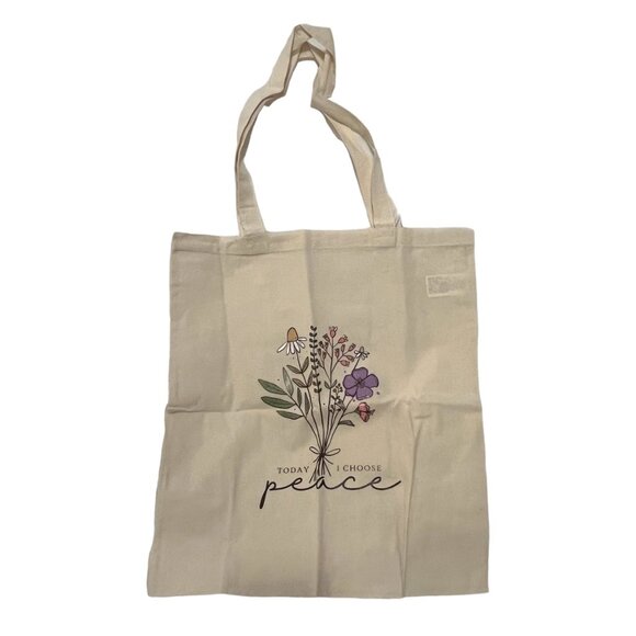 NWOT Peace Floral Reusable Tote Bag Beige Natural - Picture 1 of 4